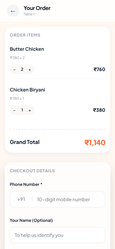 A phone screen showing an order of two items with quantity controls, a grand total, and a checkout asking for a phone number and an optional name.