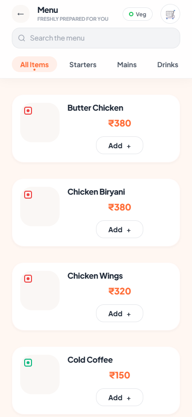 A phone screen showing a searchable menu: a vegetarian filter, category tabs for starters, mains and drinks, and menu items with prices and an Add button each.